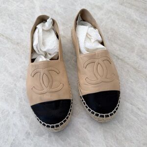 Chanel Lambskin Espadrilles Beige & Black Slip On Shoes